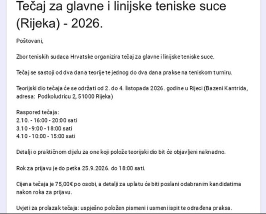 Tečaj za glavne i linijske teniske suce (Rijeka) - 2026
